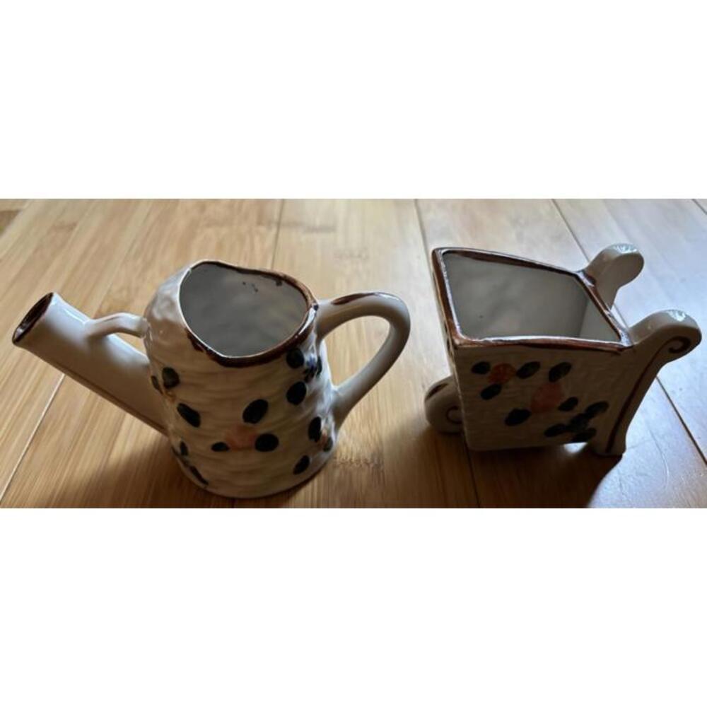 Vintage Home Decor Hand Painted Made In Japan Watering Can And Wheelbarrow Set